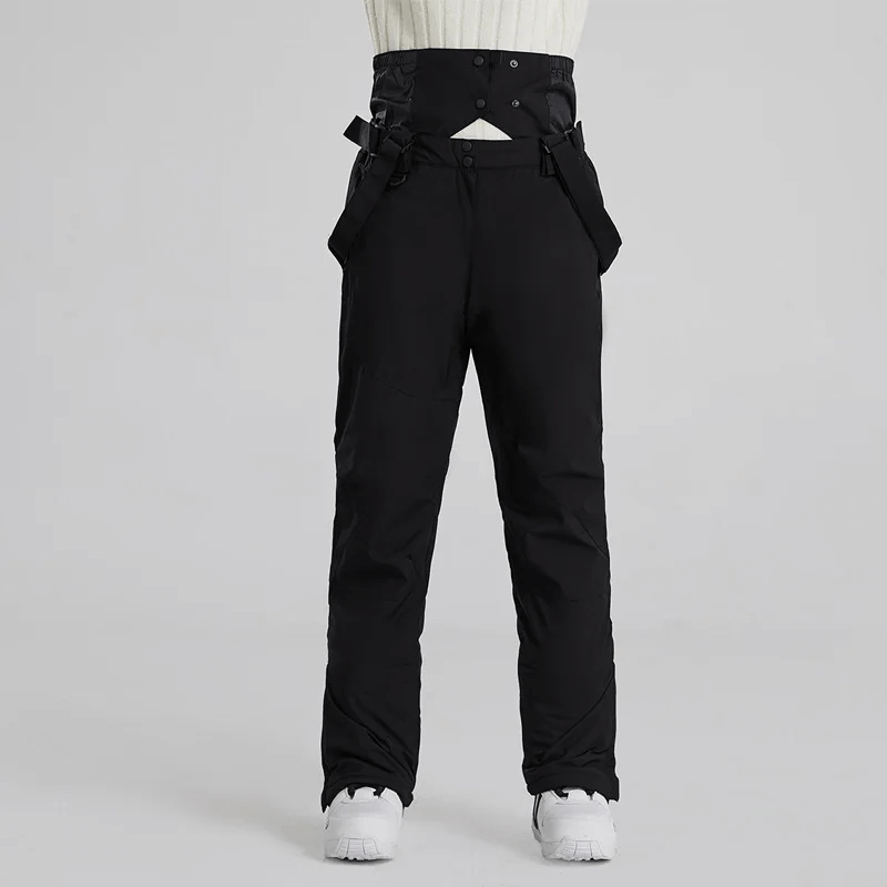 Men's windproof black ski pants with adjustable straps, perfect for winter sports.